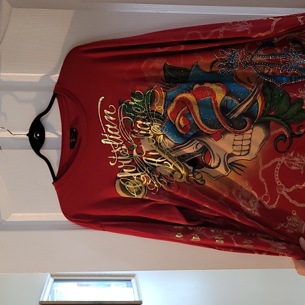Vintage Christian Audiger red long sleeve dual skull shirt.  size XL